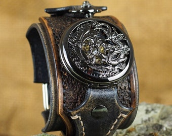 Montre de poche Steampunk, montre-bracelet, vintage noir et marron, montre Dragon, manchette de montre en cuir, bijoux pour hommes