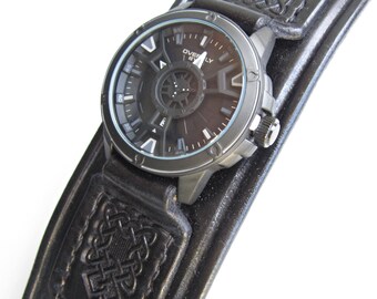 Black Watch cuff, Handmade Watch Strap, Wide Watch Strap