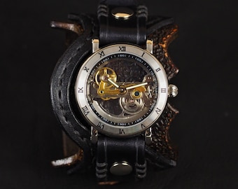 Steampunk Skeleton Watch, Leather Cuff