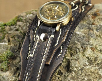 Women Steampunk Watch, Leather Bracelet, Black Leather Watch