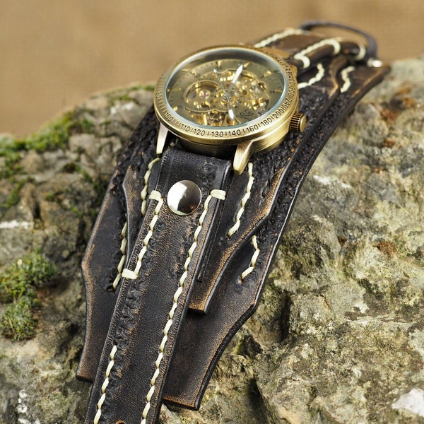 Women Steampunk Watch, Leather Bracelet, Black Leather Watch