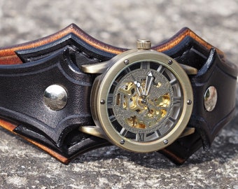 Mens Wrist Watch Bracelet, Steampunk Watches, Worldwide Shipping, Gifts For Him, Leather Cuff Wrist Watch