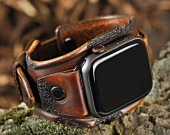 Apple Watch Band  41mm 45mm  49mm 40mm 44mm 38mm 42mm Brown Apple Cuff Band, Series 3, 4, 5, 6, 7, Ultra, SE, Distressed Leather Strap