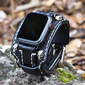 Bikers Band, Skull Apple watch Cuff, Gothic Apple watch strap, 42mm apple watch, 44mm apple watch, 38, 41, 45, 49 image 3