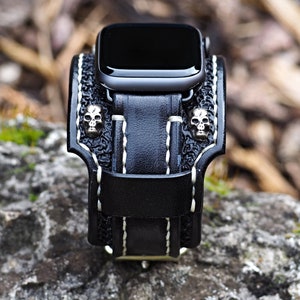 Bikers Band, Skull Apple watch Cuff, Gothic Apple watch strap, 42mm apple watch, 44mm apple watch, 38, 41, 45, 49 image 2