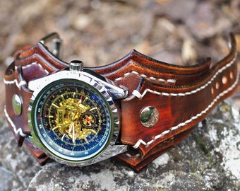 Leather Cuff Watch, Vintage Brown Leather Cuff, Steampunk Watch