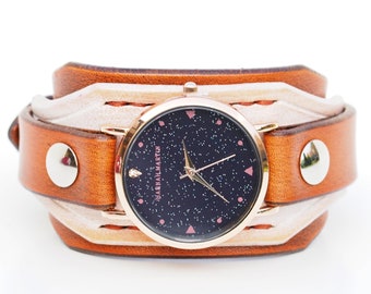 Handmade  White and Brown Watch Cuff, Wrist Watch Made From Leather, Leather Watch Strap, SKy watch, Watch With Stars