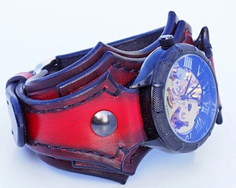 Steampunk Leather Watch,  Black and Red Leather Wrist Watch