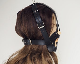 Leather Head Harness - Black, Handmade Head Restraint