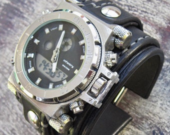 Leather Watch, Steampunk Watch, Watch-Mens,Mens Wrist Watch, Mens Watch, Black Leather Watch