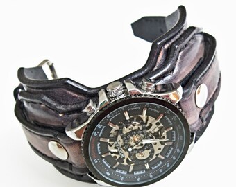 Montre en cuir Steampunk, manchette de montre en cuir, montre bracelet, montre-bracelet Steampunk, montre en cuir pour hommes, montre personnalisée