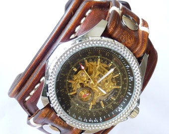 Leather Watch-Brown Leather Watch-Men Watch-Leather Watch band-Leather Cuff Watch-Leather Wrist Watch