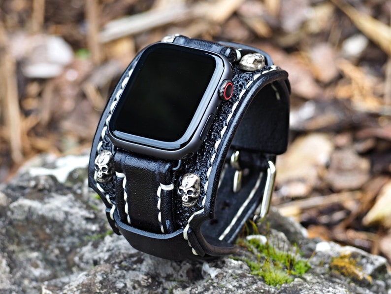 Bikers Band, Skull Apple watch Cuff, Gothic Apple watch strap, 42mm apple watch, 44mm apple watch, 38, 41, 45, 49 image 3