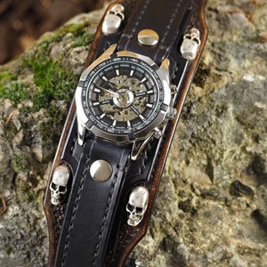 Biker Leather Skull Watch, Black Bikers Watch, Biker Jewelry image 3