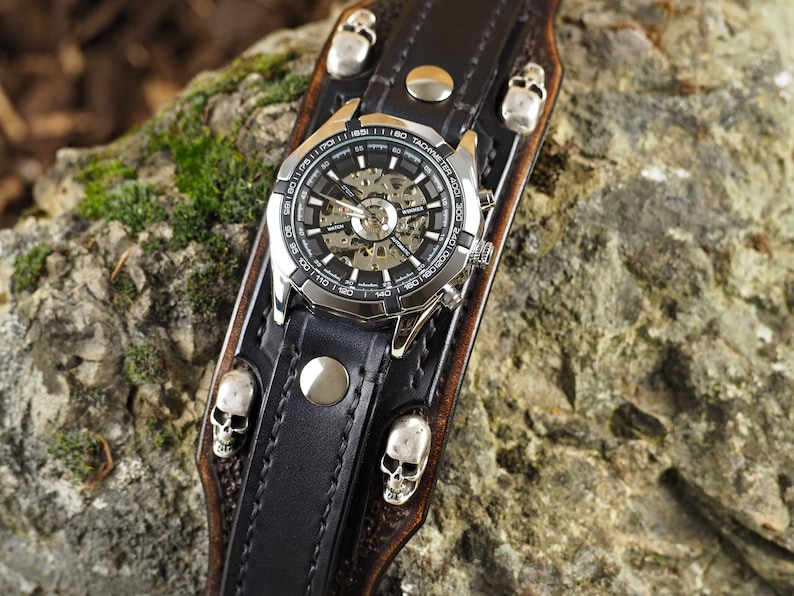 Biker Leather Skull Watch, Black Bikers Watch, Biker Jewelry image 3