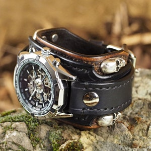 Biker Leather Skull Watch, Black Bikers Watch, Biker Jewelry image 2