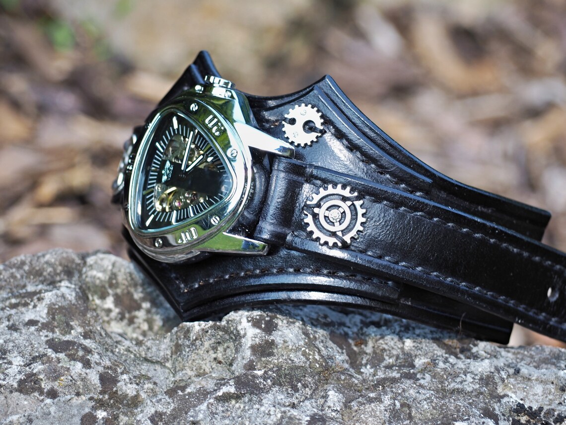 Mens Steampunk Watch Leather Bracelet Steampunk Cuff Etsy