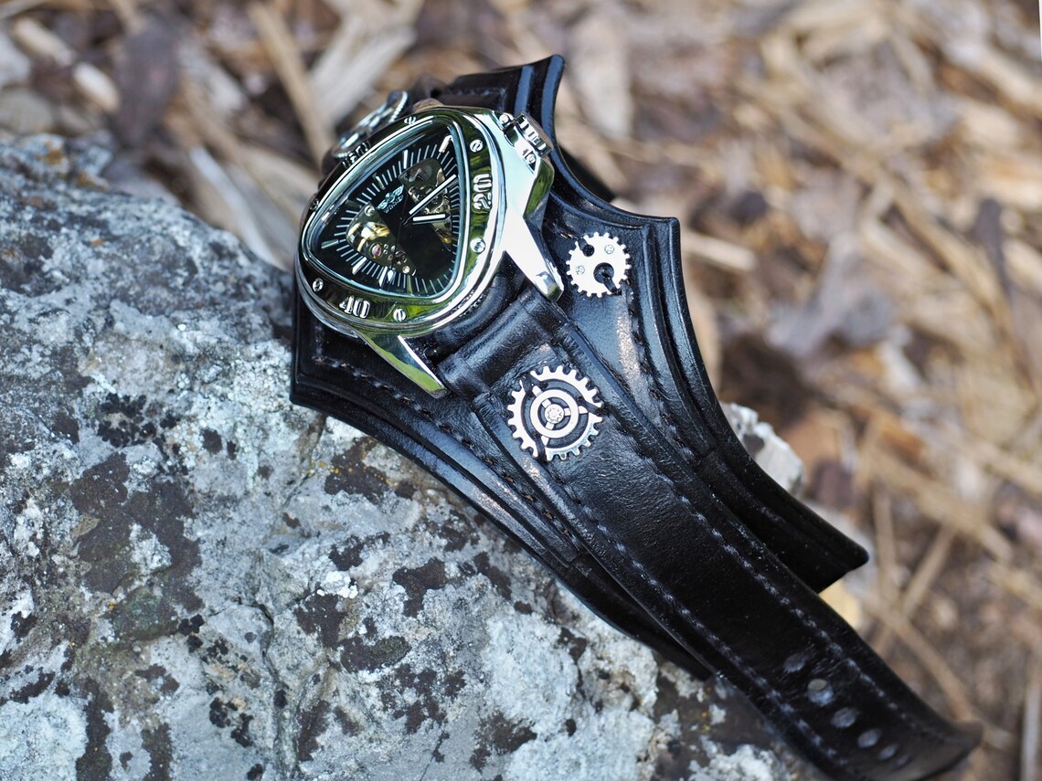 Mens Steampunk Watch Leather Bracelet Steampunk Cuff Etsy