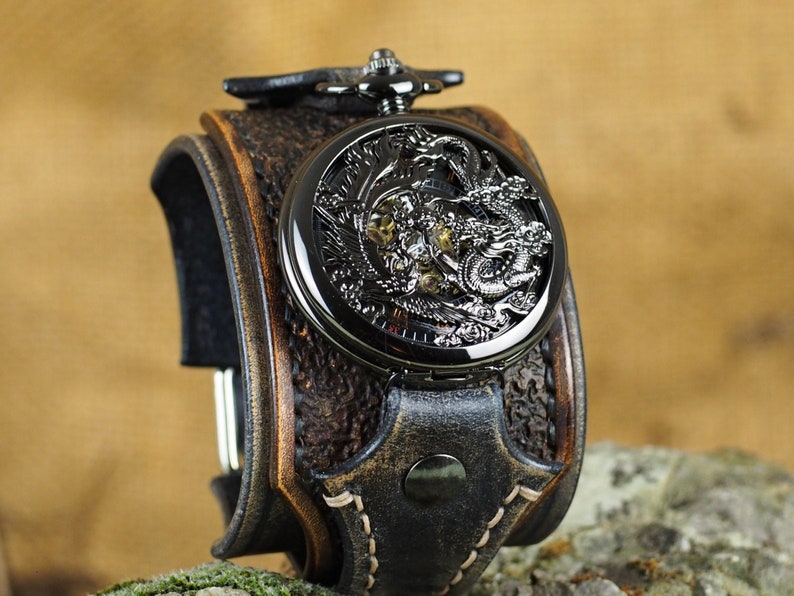 Steampunk Pocket Watch, Wrist Watch, Vintage Black and Brown, Dragon Watch, Leather Watch Cuff, Men's Jewellery image 1