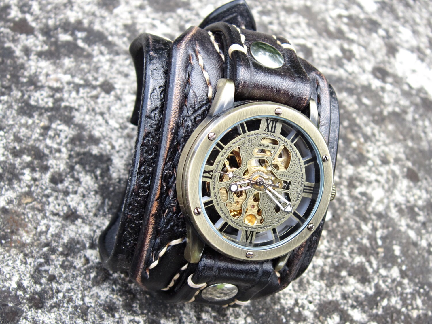 Mens Steampunk Watch, Leather Bracelet, Black Leather Watch -  Norway