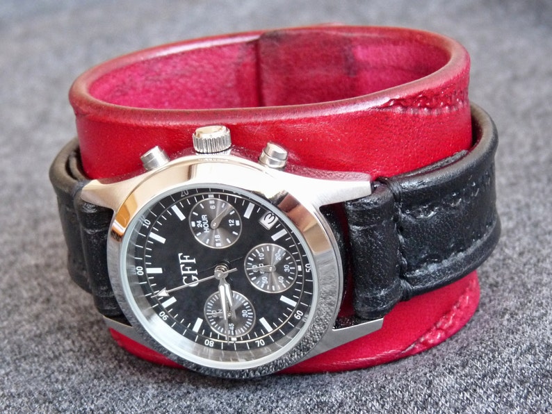 Montre-bracelet antiallergique, manchette de montre pour femme en cuir rouge, bracelet de montre rouge, montre-bracelet, montre-bracelet en cuir rouge image 3