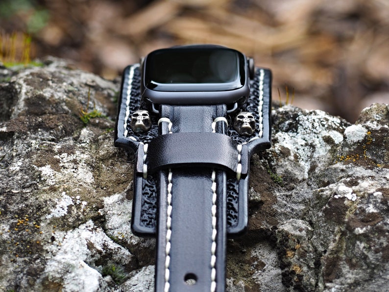 Bikers Band, Skull Apple watch Cuff, Gothic Apple watch strap, 42mm apple watch, 44mm apple watch, 38, 41, 45, 49 image 5