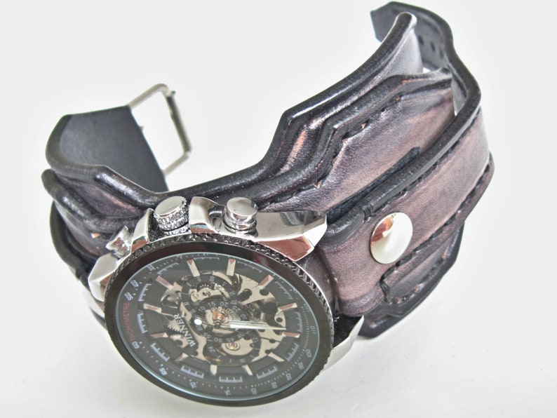 Montre en cuir Steampunk, manchette de montre en cuir, montre bracelet, montre-bracelet Steampunk, montre en cuir pour hommes, montre personnalisée image 7