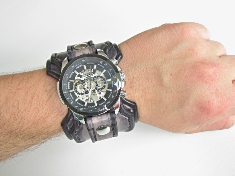 Montre en cuir Steampunk, manchette de montre en cuir, montre bracelet, montre-bracelet Steampunk, montre en cuir pour hommes, montre personnalisée image 9