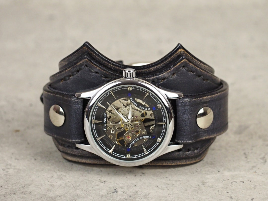 Mens Steampunk Watch Black Leather Bracelet Steampunk Cuff Etsy