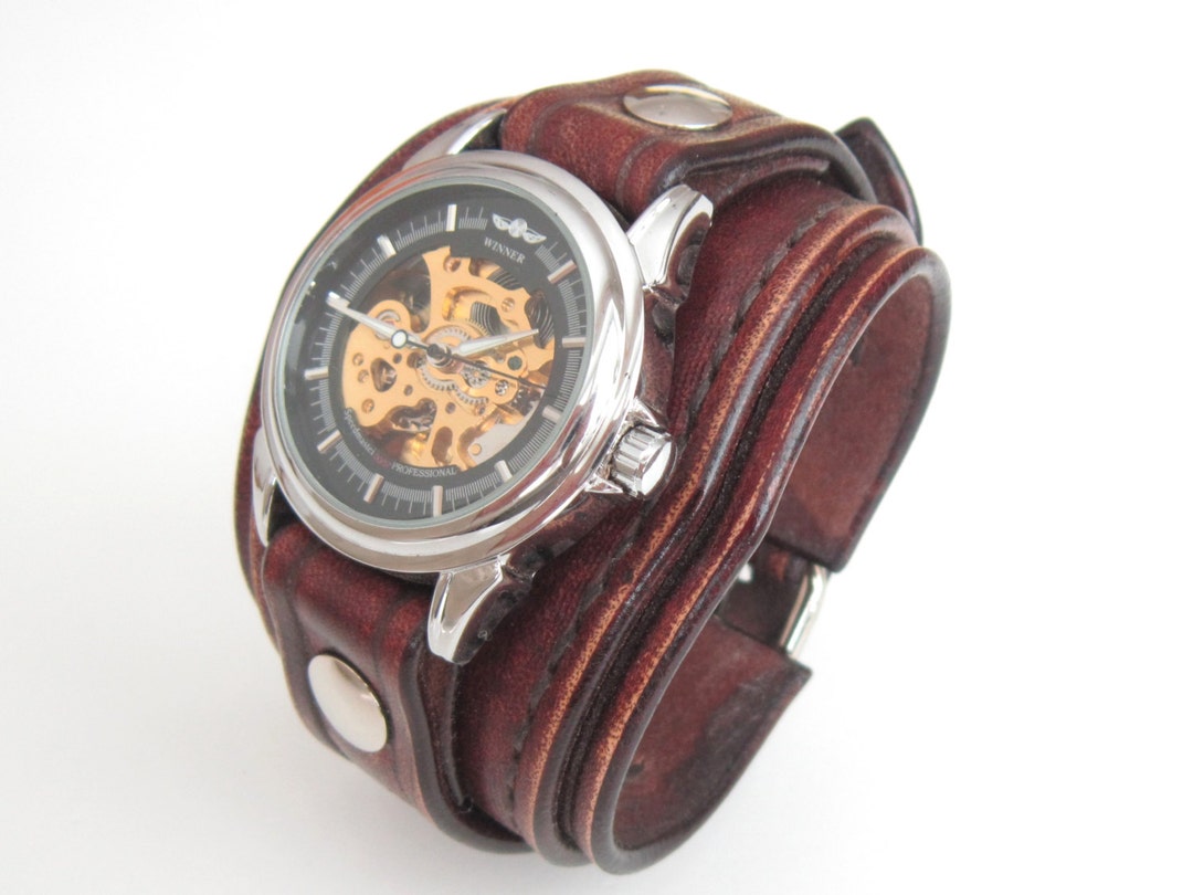 Men Watch Ladies Watch Skeleton Watch Leather Watch Brown Etsy