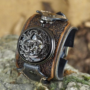 Montre de poche Steampunk, montre-bracelet, vintage noir et marron, montre Dragon, manchette de montre en cuir, bijoux pour hommes image 5