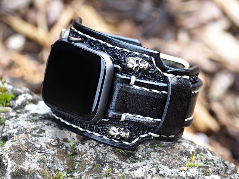 Bikers Band, Skull Apple watch Cuff, Gothic Apple watch strap, 42mm apple watch, 44mm apple watch, 38, 41, 45, 49 image 1