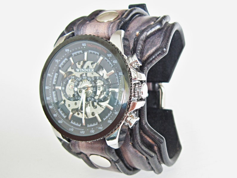 Montre en cuir Steampunk, manchette de montre en cuir, montre bracelet, montre-bracelet Steampunk, montre en cuir pour hommes, montre personnalisée image 3