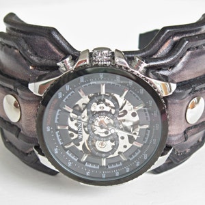 Montre en cuir Steampunk, manchette de montre en cuir, montre bracelet, montre-bracelet Steampunk, montre en cuir pour hommes, montre personnalisée image 4