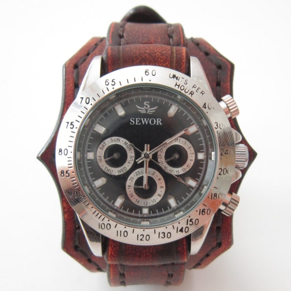 Vintage Brown Leather Watch Cuff Mens Watch Etsy