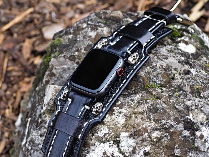 Bikers Band, Skull Apple watch Cuff, Gothic Apple watch strap, 42mm apple watch, 44mm apple watch, 38, 41, 45, 49 image 4