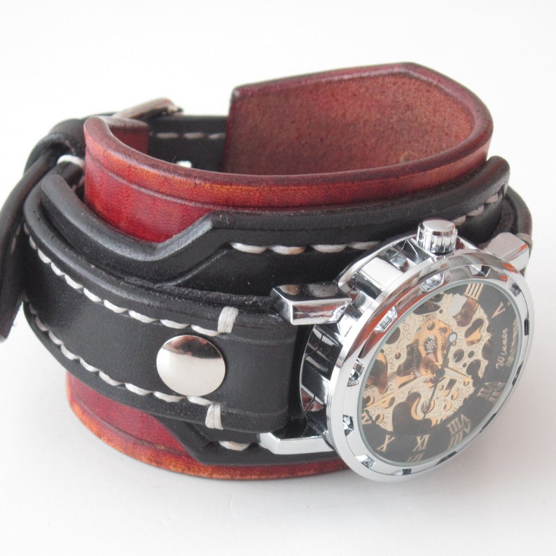 Mens Steampunk Leather Watch Black Leather Cuff Watch Etsy