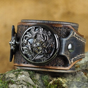 Montre de poche Steampunk, montre-bracelet, vintage noir et marron, montre Dragon, manchette de montre en cuir, bijoux pour hommes image 4