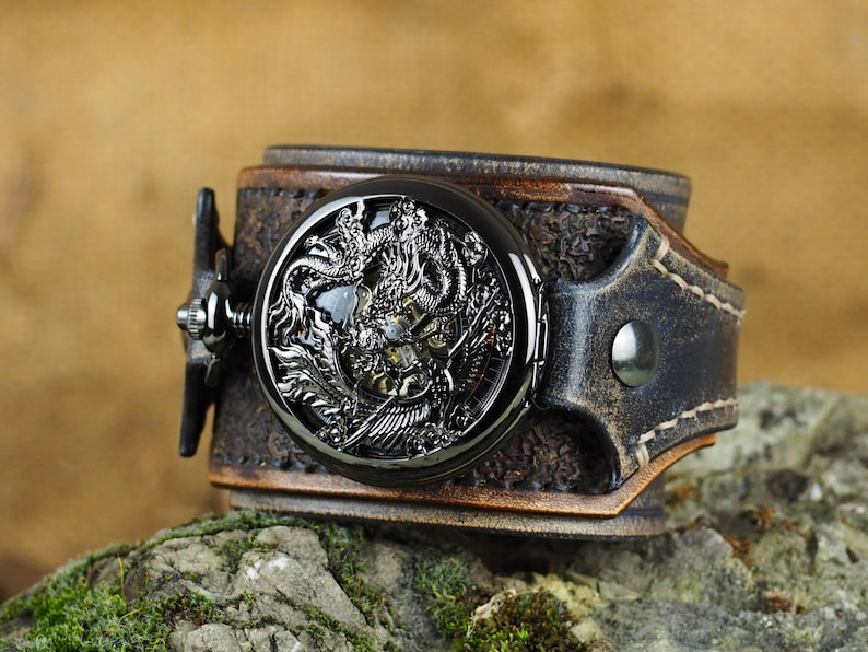 Montre de poche Steampunk, montre-bracelet, vintage noir et marron, montre Dragon, manchette de montre en cuir, bijoux pour hommes image 4