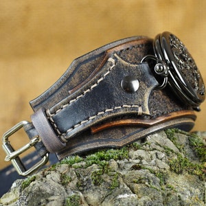 Steampunk Pocket Watch, Wrist Watch, Vintage Black and Brown, Dragon Watch, Leather Watch Cuff, Men's Jewellery image 3