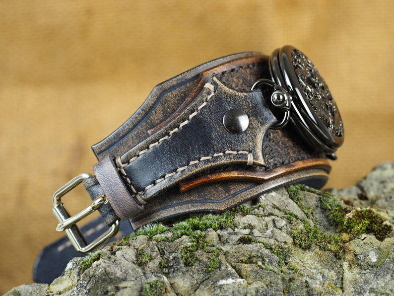 Montre de poche Steampunk, montre-bracelet, vintage noir et marron, montre Dragon, manchette de montre en cuir, bijoux pour hommes image 3