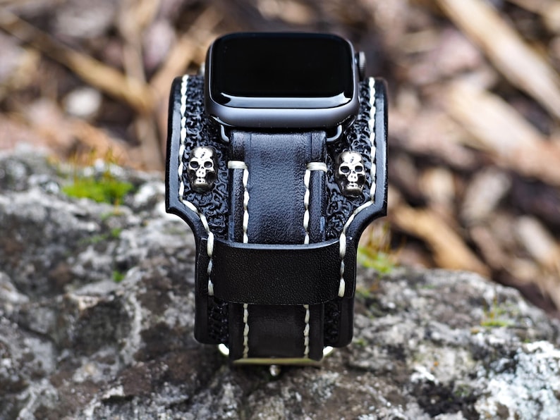 Bikers Band, Skull Apple watch Cuff, Gothic Apple watch strap, 42mm apple watch, 44mm apple watch, 38, 41, 45, 49 image 2