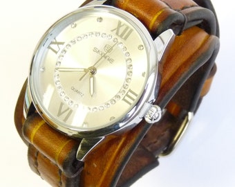 Vintage Watch, Women's Watch, Leather Bracelet Watch, Brown LeatherWatch