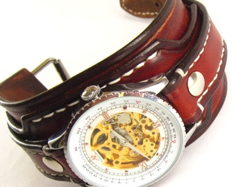 Vintage Wrist Watch, Mans Leather Watch, Bracelet watch, Leather Cuff, Cuff watch, Brown Watch