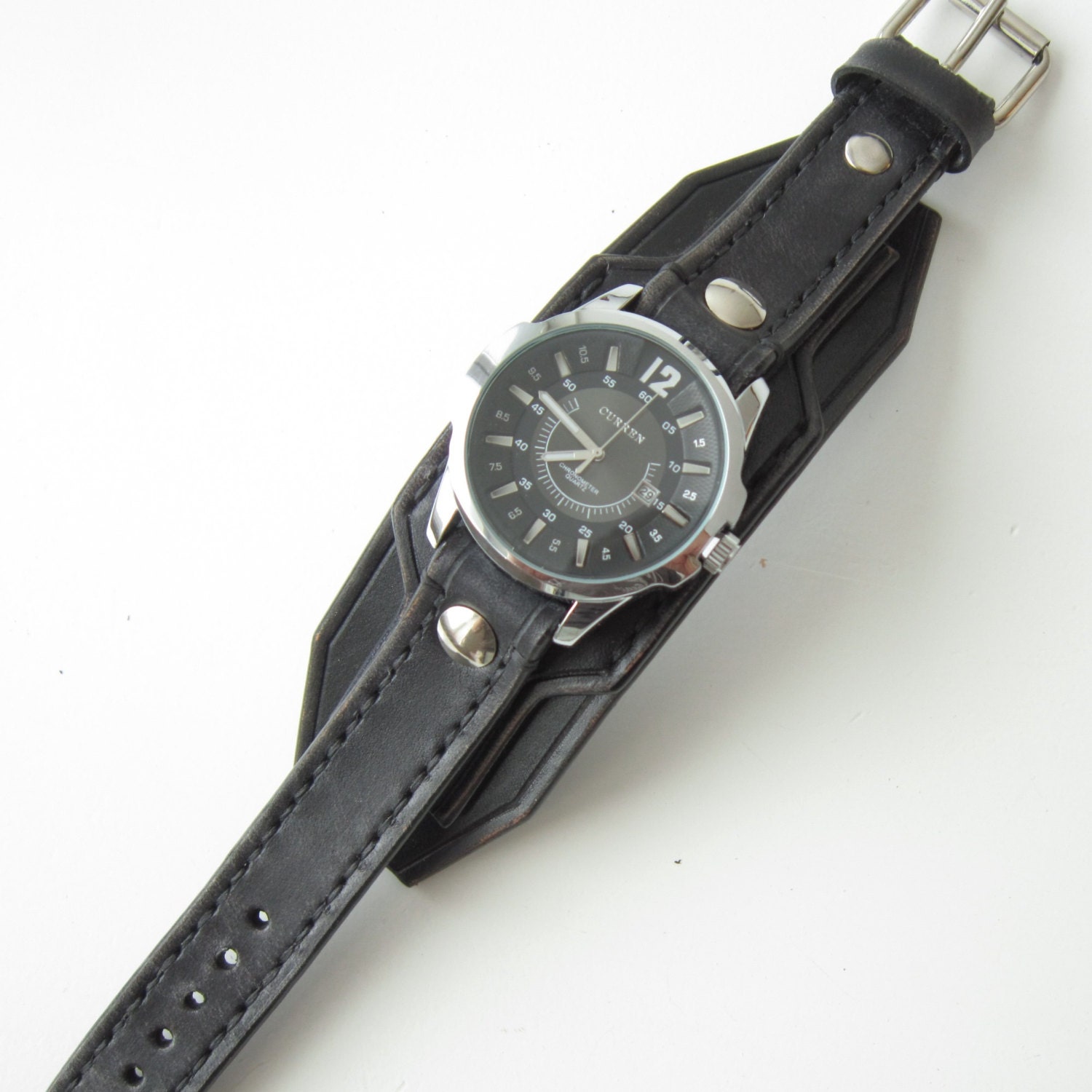 Black Leather Watch Cuff Men's watch Leather Wrist Watch Etsy