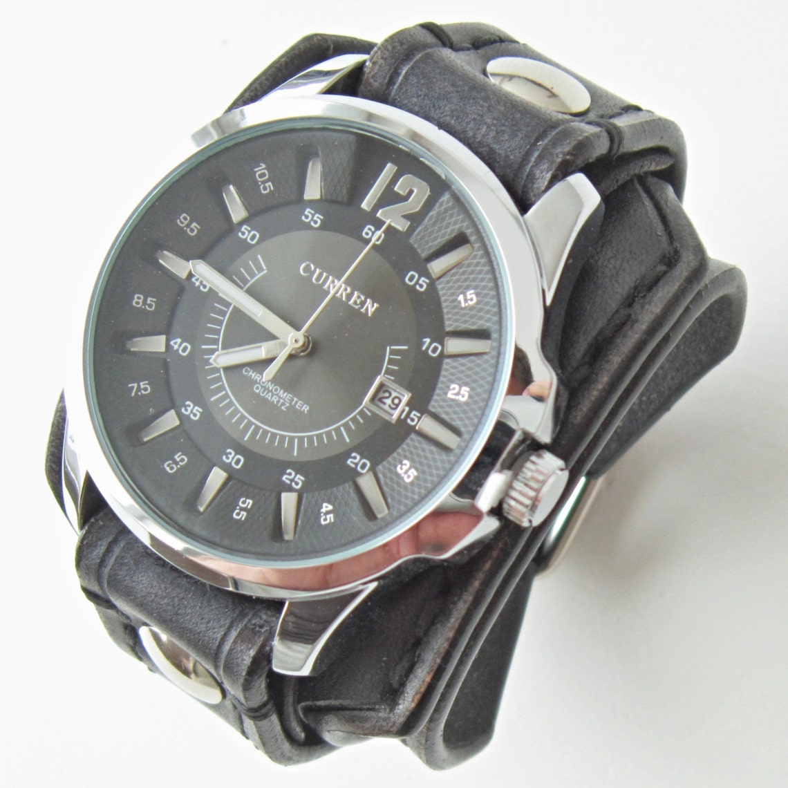 Black Leather Watch Cuff Men's Watch Leather Wrist Watch Etsy