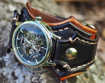 Steampunk Wrist Watch, Black and Brown Leather Wrist Watch, Men's Leather Gift, Wide Cuff Watch