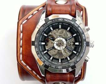 Ready to Ship -  Leather Watch, Men's Watch, Steampunk Watch, Vintage Brown Watch, Custom Leather Watch