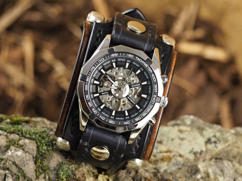 Biker Leather Skull Watch, Black Bikers Watch, Biker Jewelry image 5