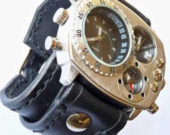 Steampunk Leather Cuff Watch Handmade, Bracelet Watch, Dual Time Watch, Black Leather Watch